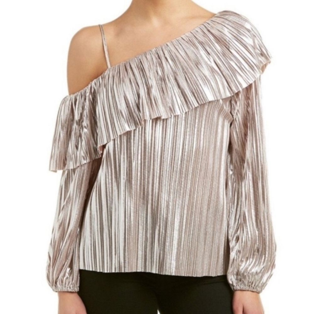 NWT Parker $265 Beautiful Off-Shoulder Metallic Rose Gold‎ Asymmetrical Blouse